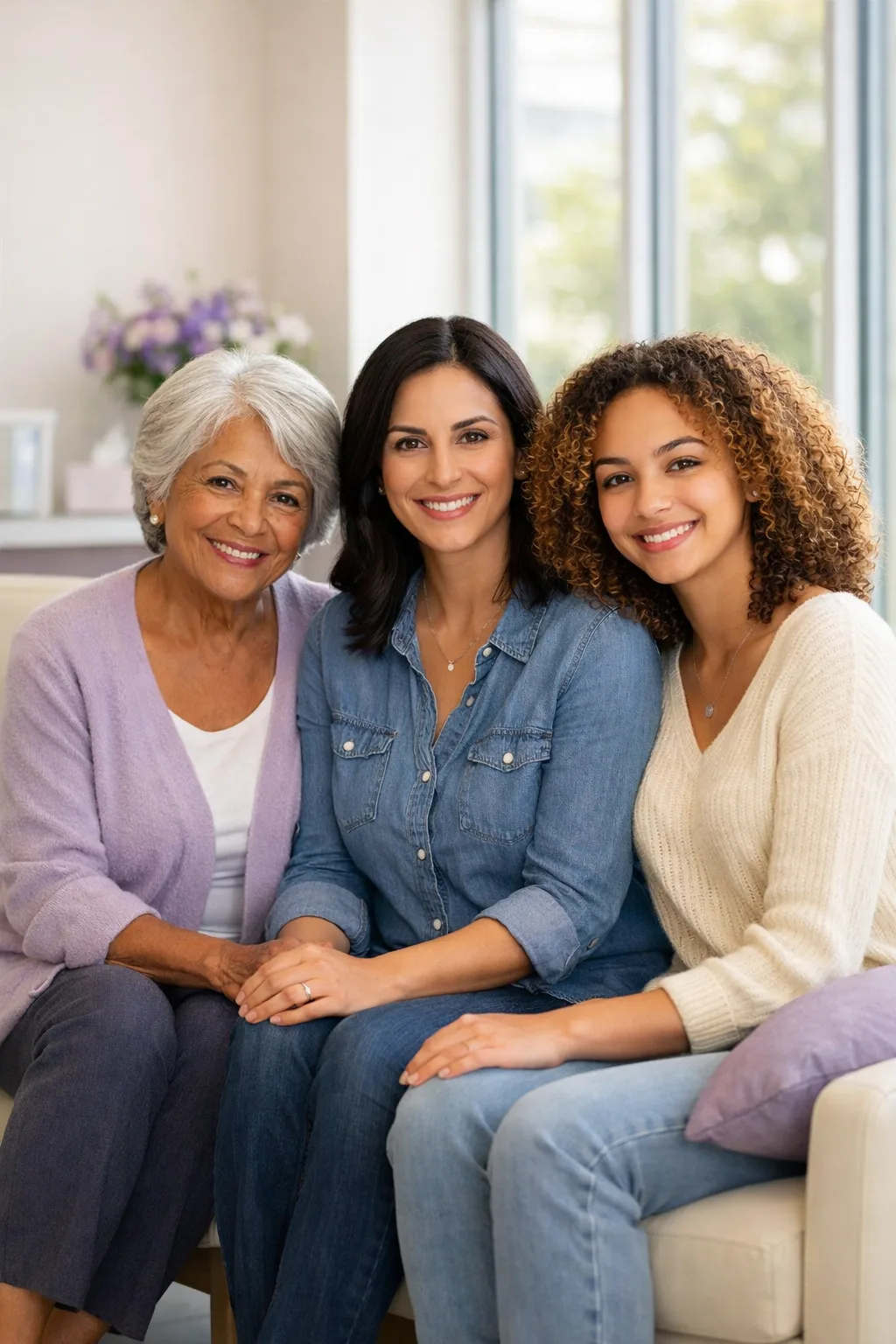Three generations of women - grandmother, mother, and daughter - representing Legacy OBGYN's multigenerational care in Frisco, Texas