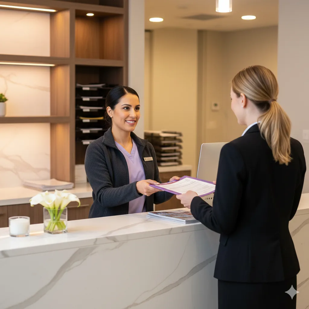 Patient concierge assisting a patient at the luxury reception desk at Legacy OBGYN in Frisco, Texas